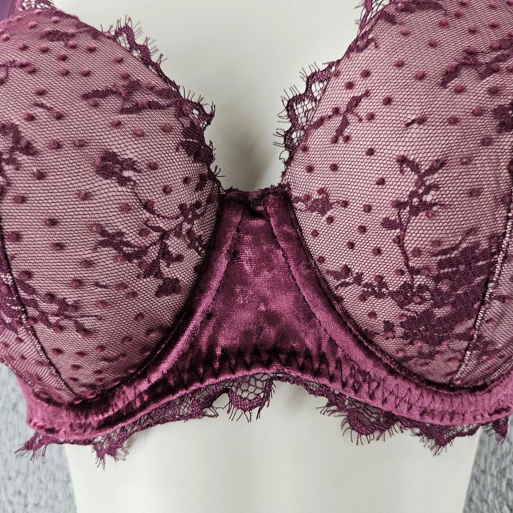 Victoria's‎ Secret Bra 34DD Burgundy Dream Angels Lined Demi Lace Mesh Underwire